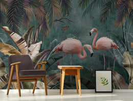 Pink Flamingo Tropical Peel and Stick Wallpaper | Teal Green Jungle Wallpaper image 4