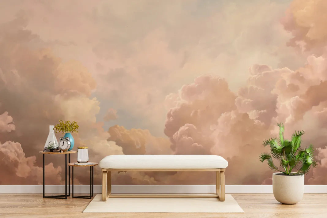 Soft Cloud Aesthetic Sky Mural| Peach Beige Color Peel and Stick Wallpaper