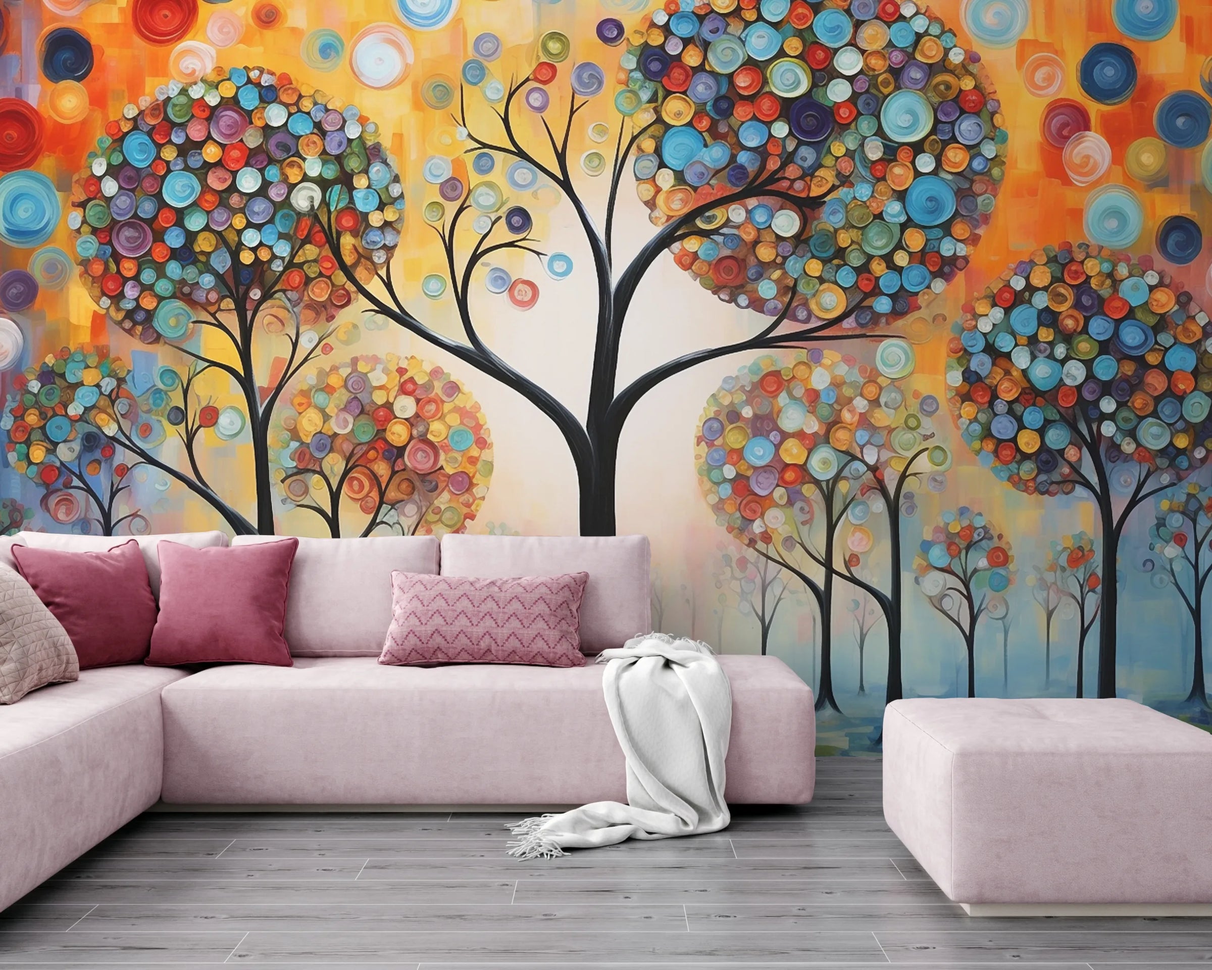 Colorful Abstract Tree Mural | Vibrant Nature Peel and Stick Wallpaper image 0