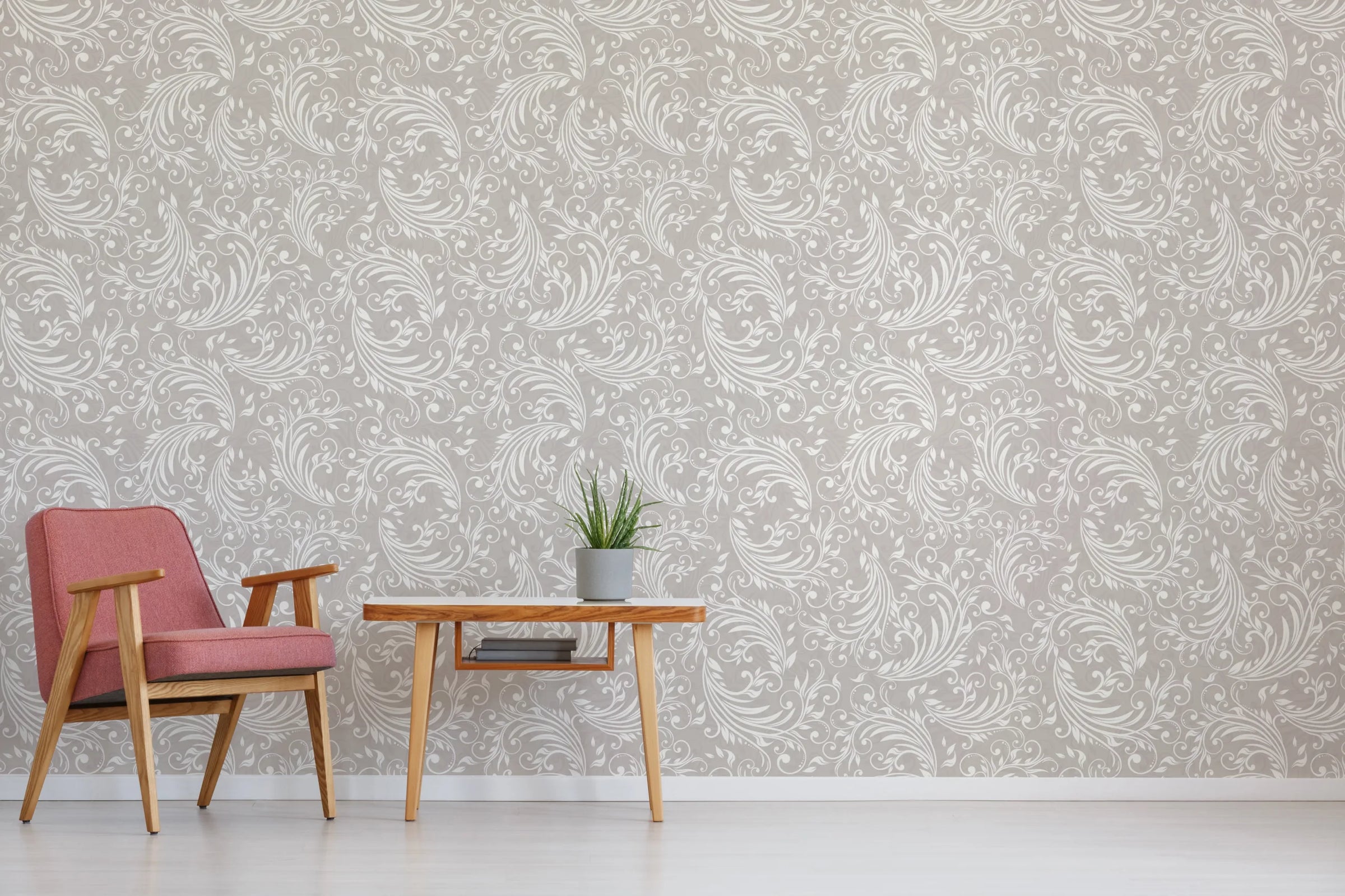 Damask Inspired Scroll Wallpaper | Gray Vintage Baroque Peel and Stick Wallpaper image 1