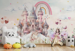 Pink Castle Kids Wallpaper with Rainbow Unicorns | Peel and Stick Wall Mural image 3