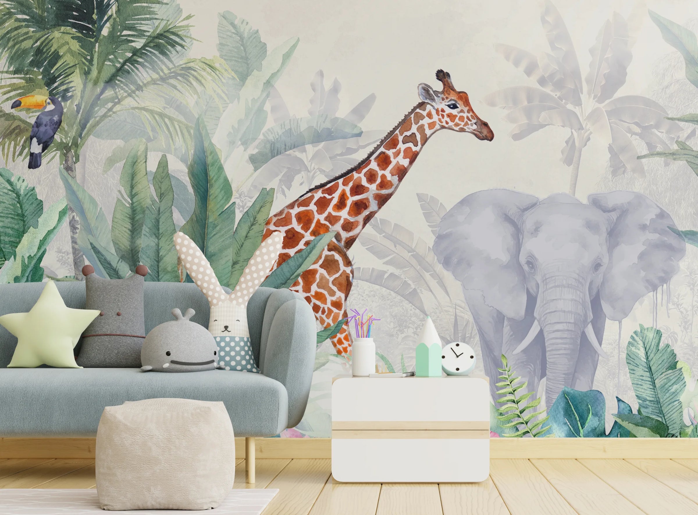 Kids Animal Wallpaper | Watercolor Jungle Peel and Stick Wall Mural image 3