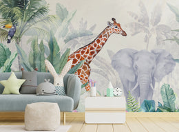 Kids Animal Wallpaper | Watercolor Jungle Peel and Stick Wall Mural image 3