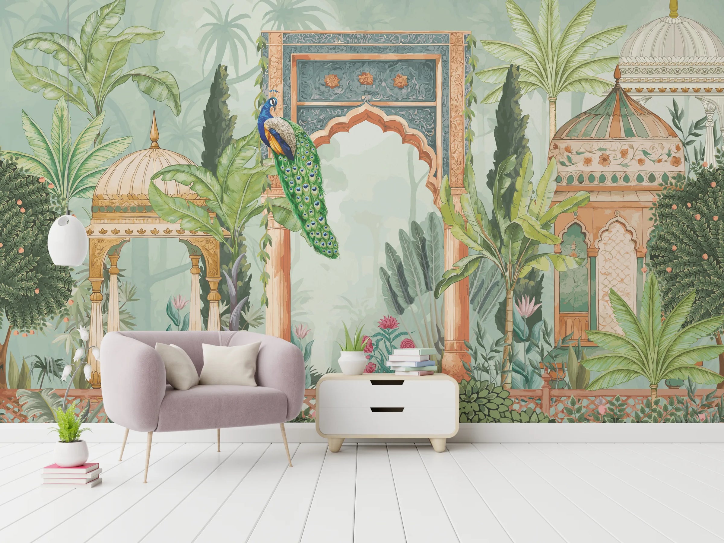 Peacock Palace Indian Wallpaper | Green Tropical Peel and Stick Living Room Decor image 2