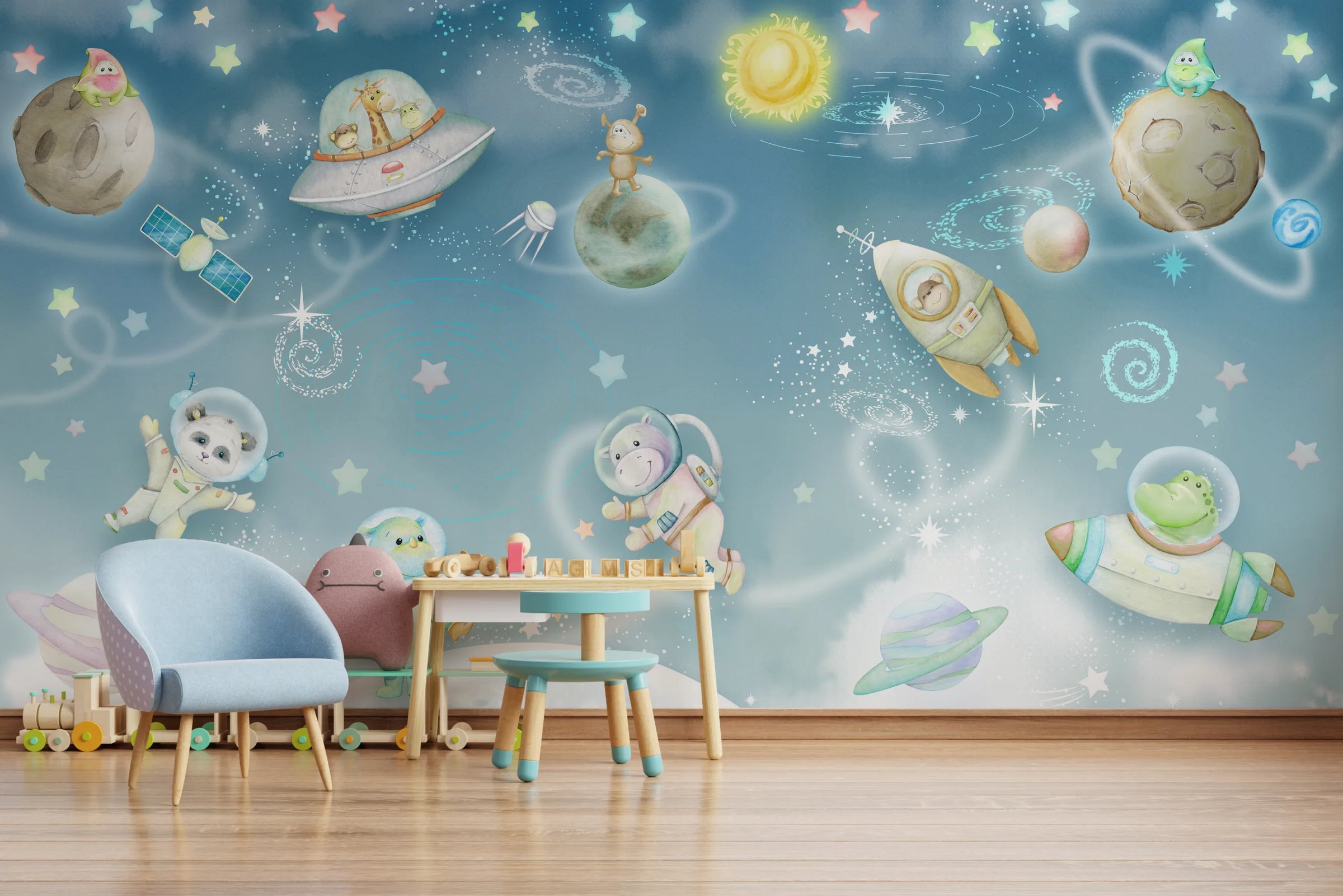 Galaxy Animal Wallpaper | Blue Space Nursery Peel and Stick Wall Mural image 4