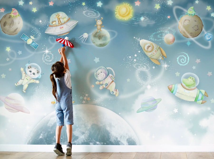 Galaxy Animal Wallpaper | Blue Space Nursery Peel and Stick Wall Mural