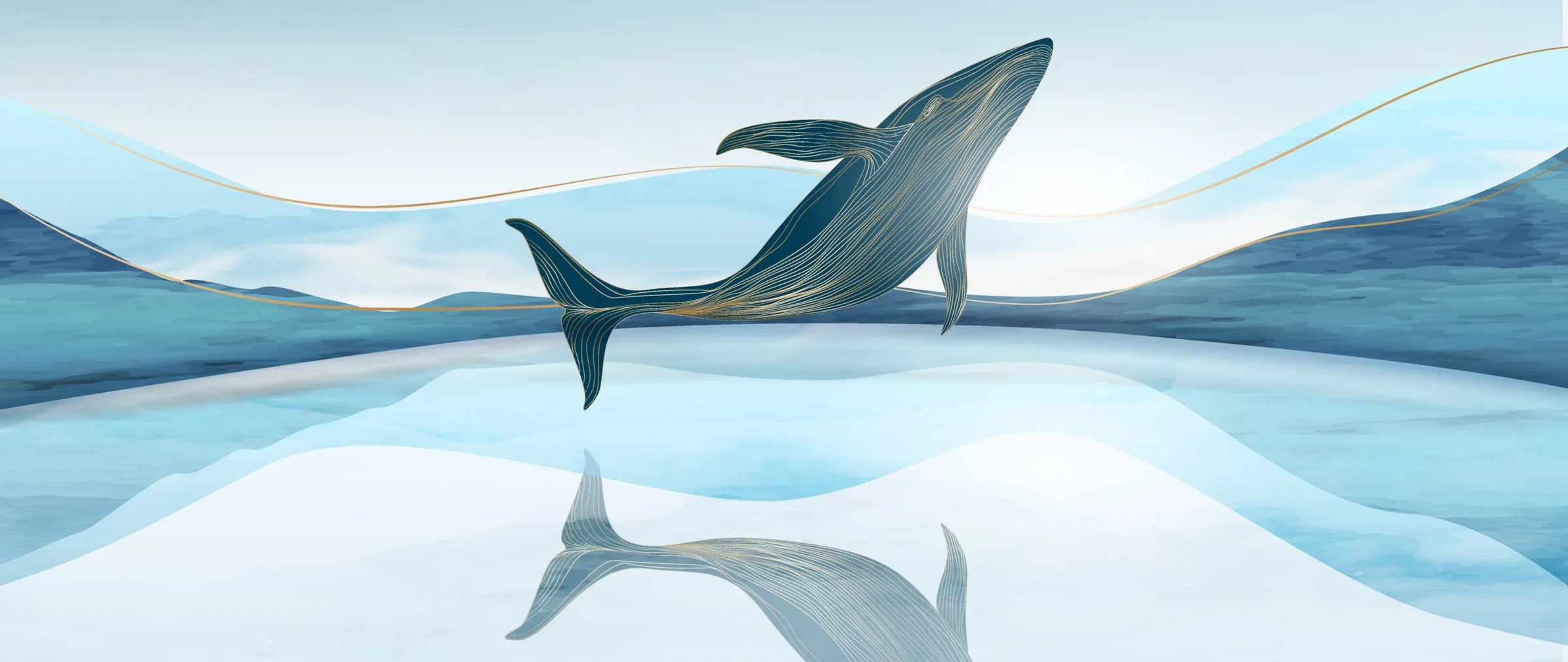Golden-Line Whale Design|Aqua & Navy Ocean Removable Wallpaper image 5