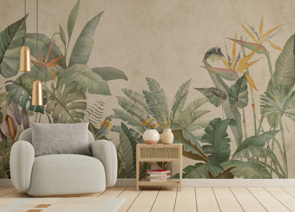 Green Wildflower Tropical Leaf Wall Mural image 3
