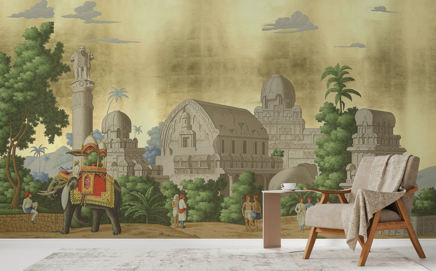 Golden Vintage Indian Elephant | Palace Architecture Self Adhesive Wall Mural