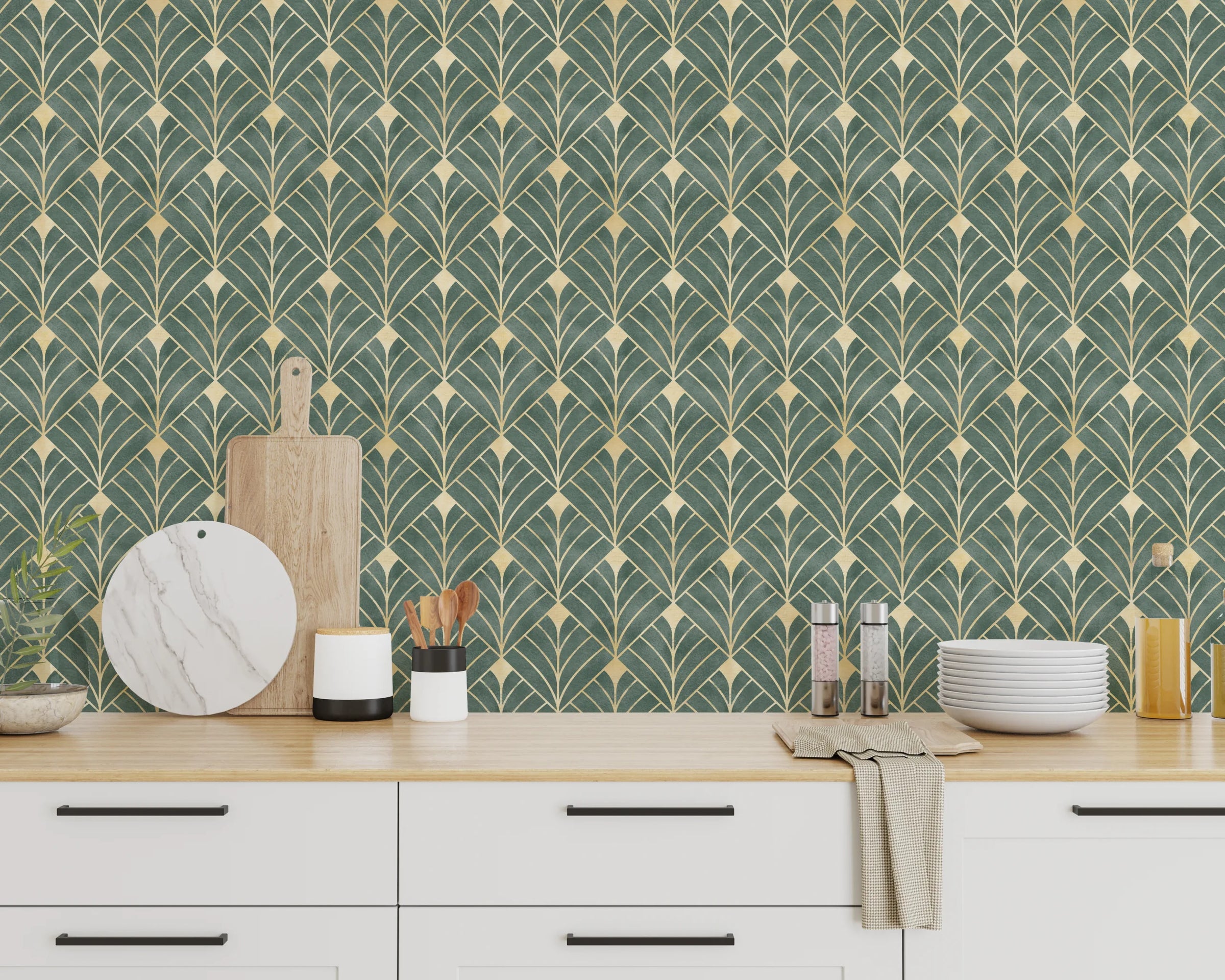 Green and Gold Art Deco Wallpaper | Removable Luxury Wall Decor image 3