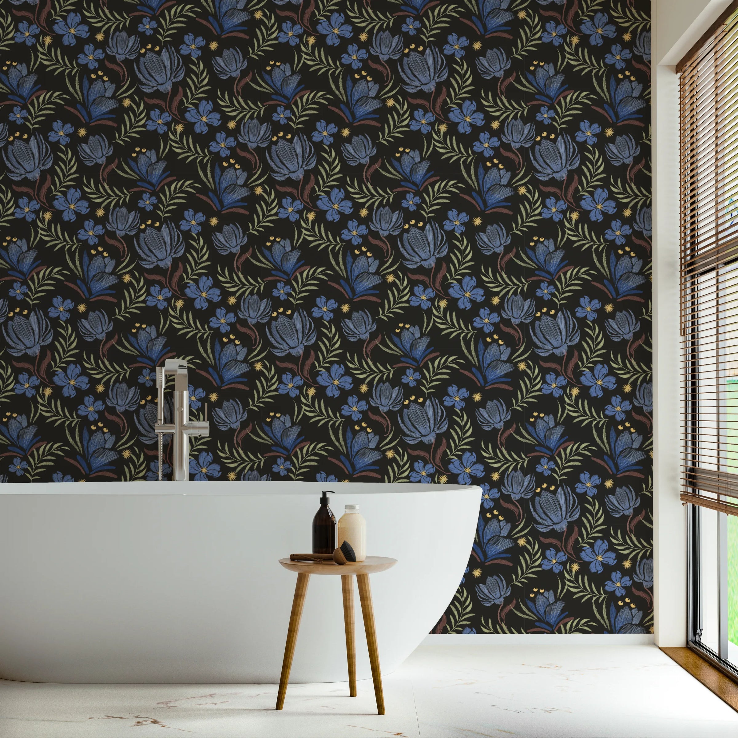 Hand Drawn Blue Peel and Stick Floral Wallpaper image 0