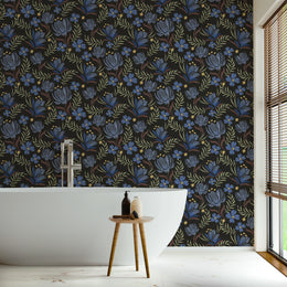 Hand Drawn Blue Peel and Stick Floral Wallpaper image 0