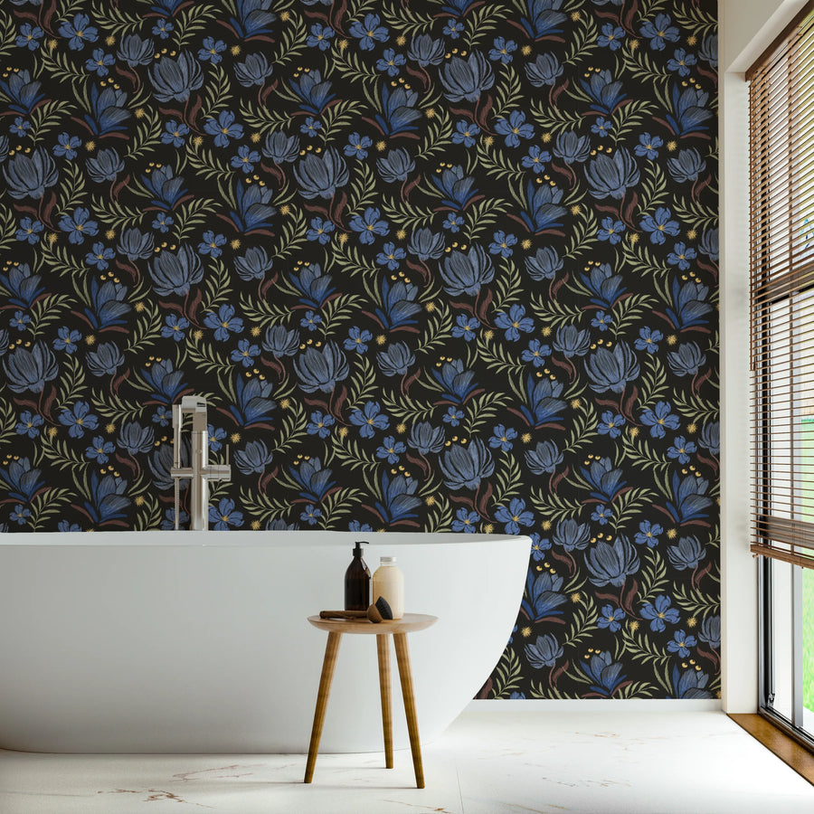 Hand Drawn Blue Peel and Stick Floral Wallpaper