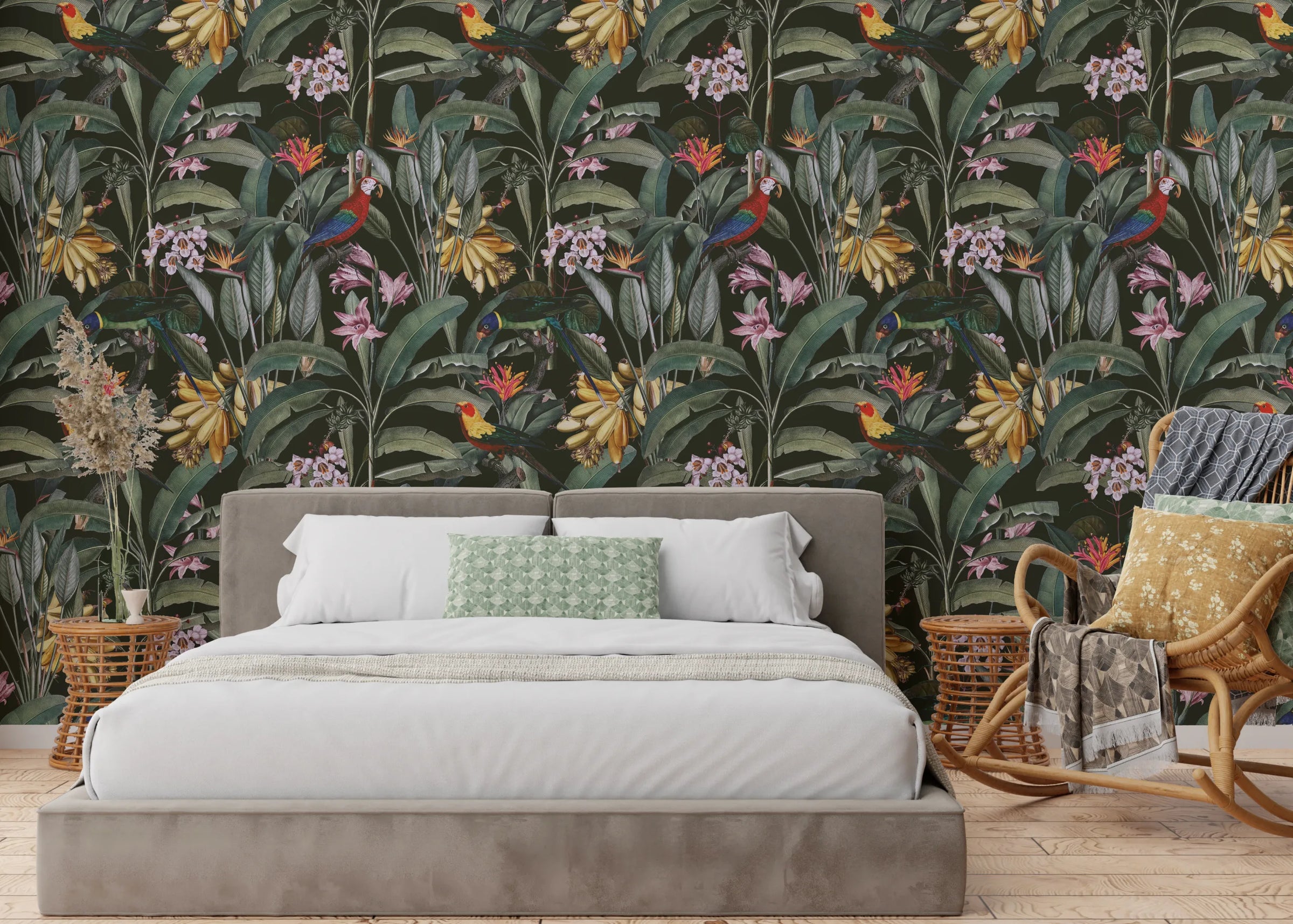 Tropical Parrot Design| Colorful Green Floral Peel and Stick Wallpaper image 2