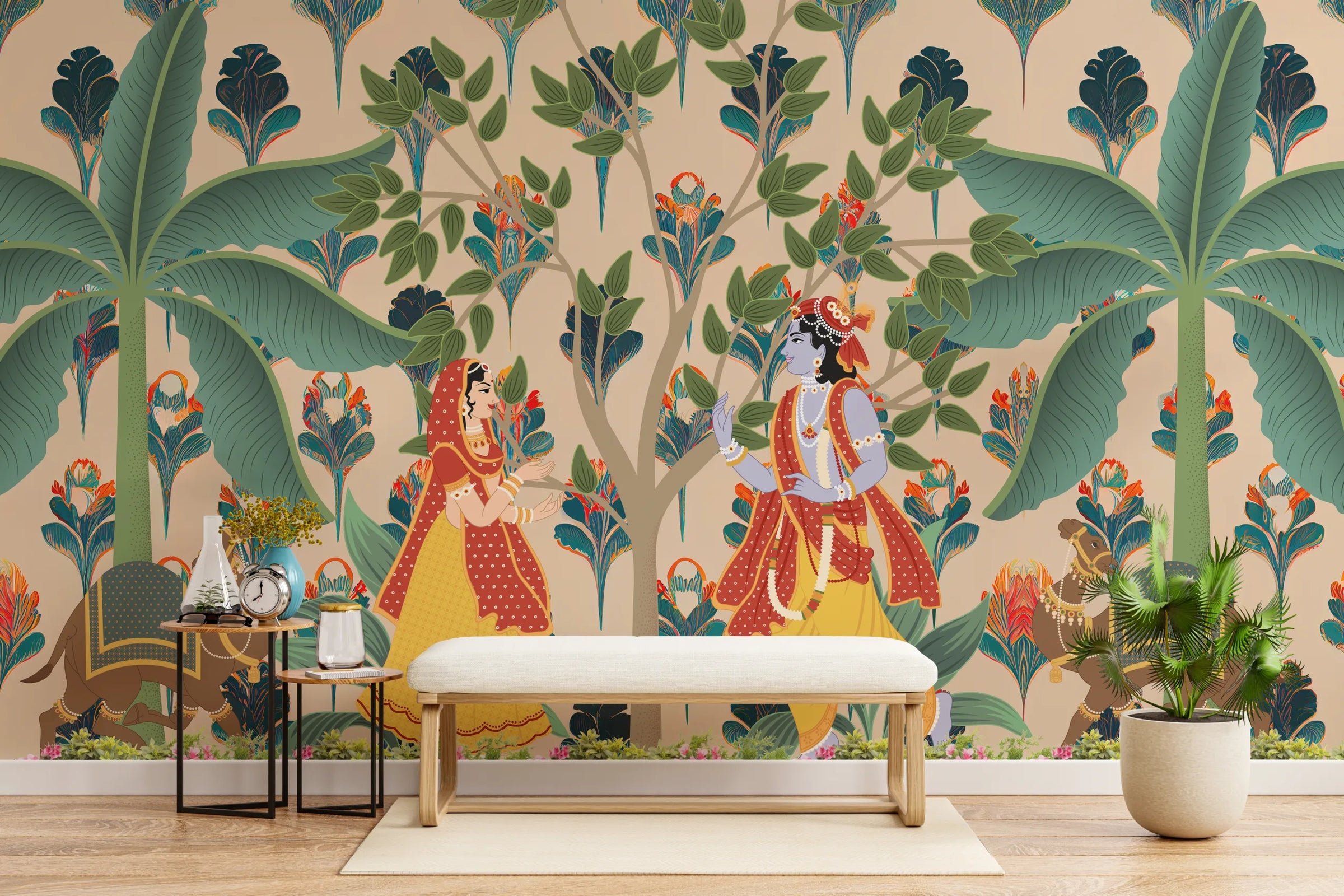 Radha Krishna Pichwai Indian Wallpaper | Pooja Room Peel and Stick Wallpaper image 0