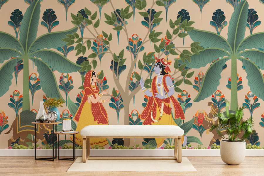 Radha Krishna Pichwai Indian Wallpaper | Pooja Room Peel and Stick Wallpaper