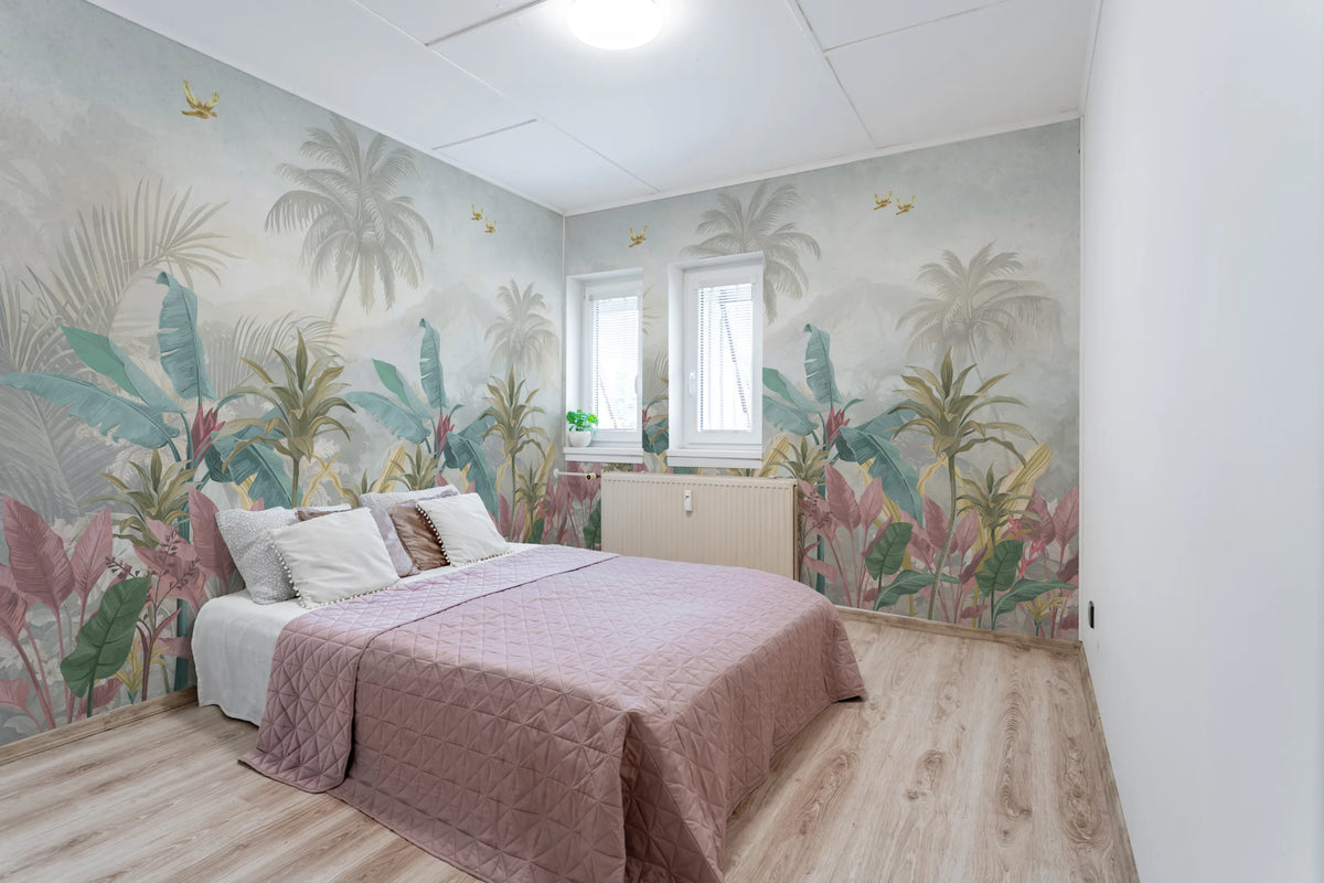 Tropical Rainforest | Pink Green Leaf Removable Wall Covering