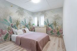 Tropical Rainforest | Pink Green Leaf Removable Wall Covering image 0