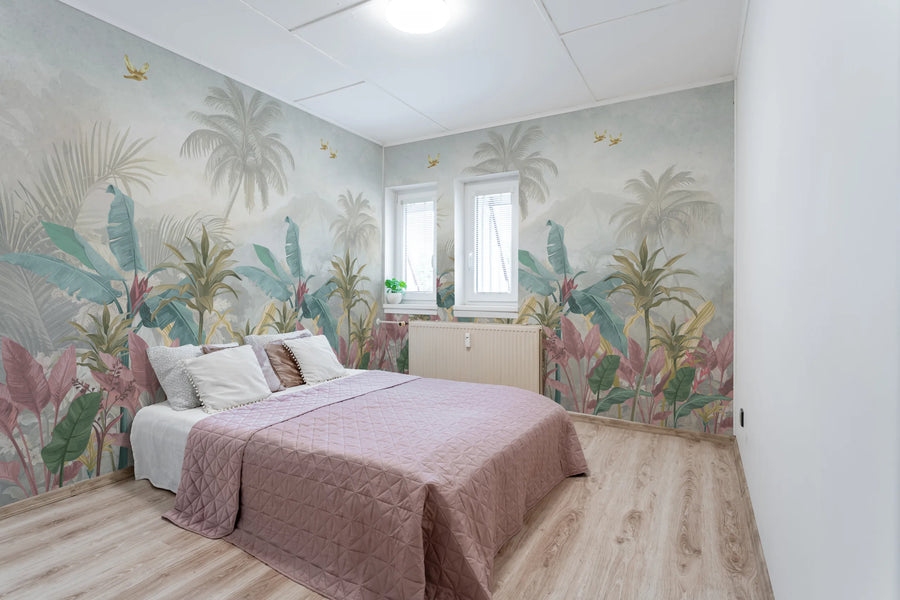 Tropical Rainforest | Pink Green Leaf Removable Wall Covering