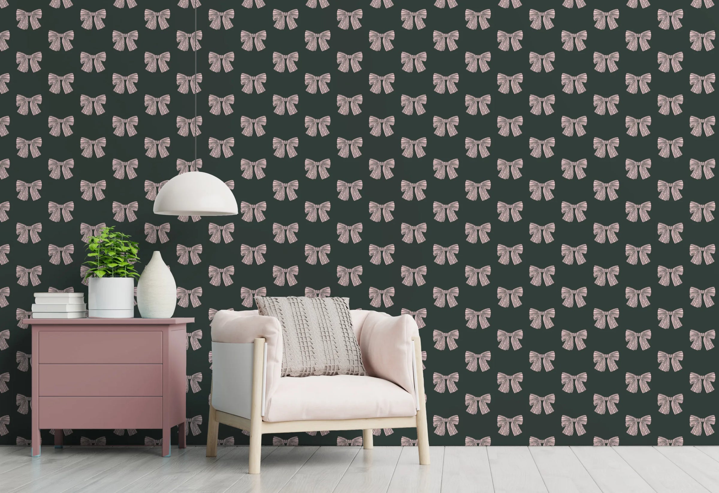 Cute Pink Bow Pattern Wall Covering| Dark Green Peel and Stick Wallpaper image 2