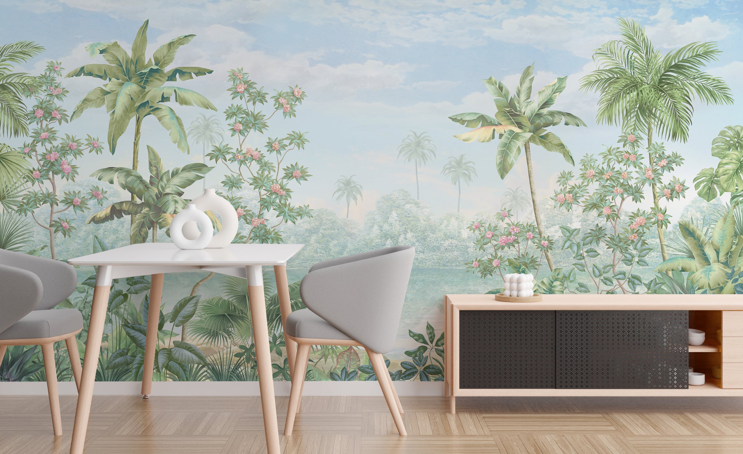 Pastel tropical paradise wallpaper with palm trees and flowering branches bringing nature inspired atmosphere to dining wall.