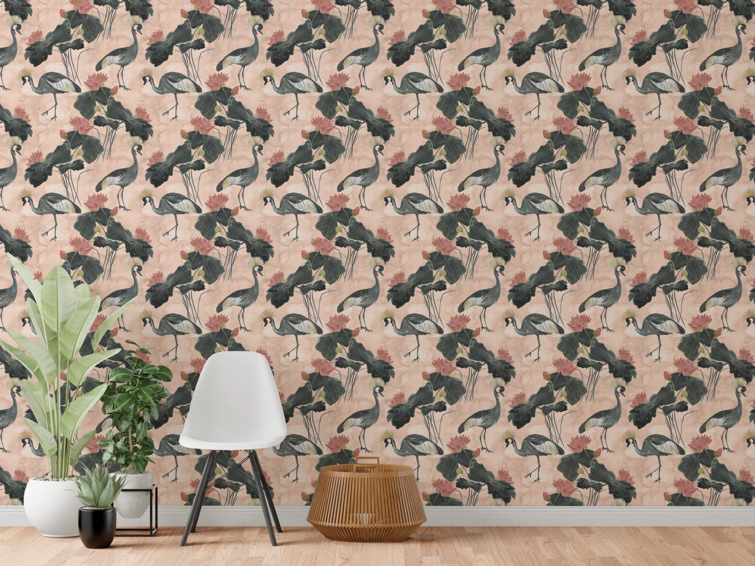 Japandi Crane Bird with Lotus Removable Wallpaper image 2