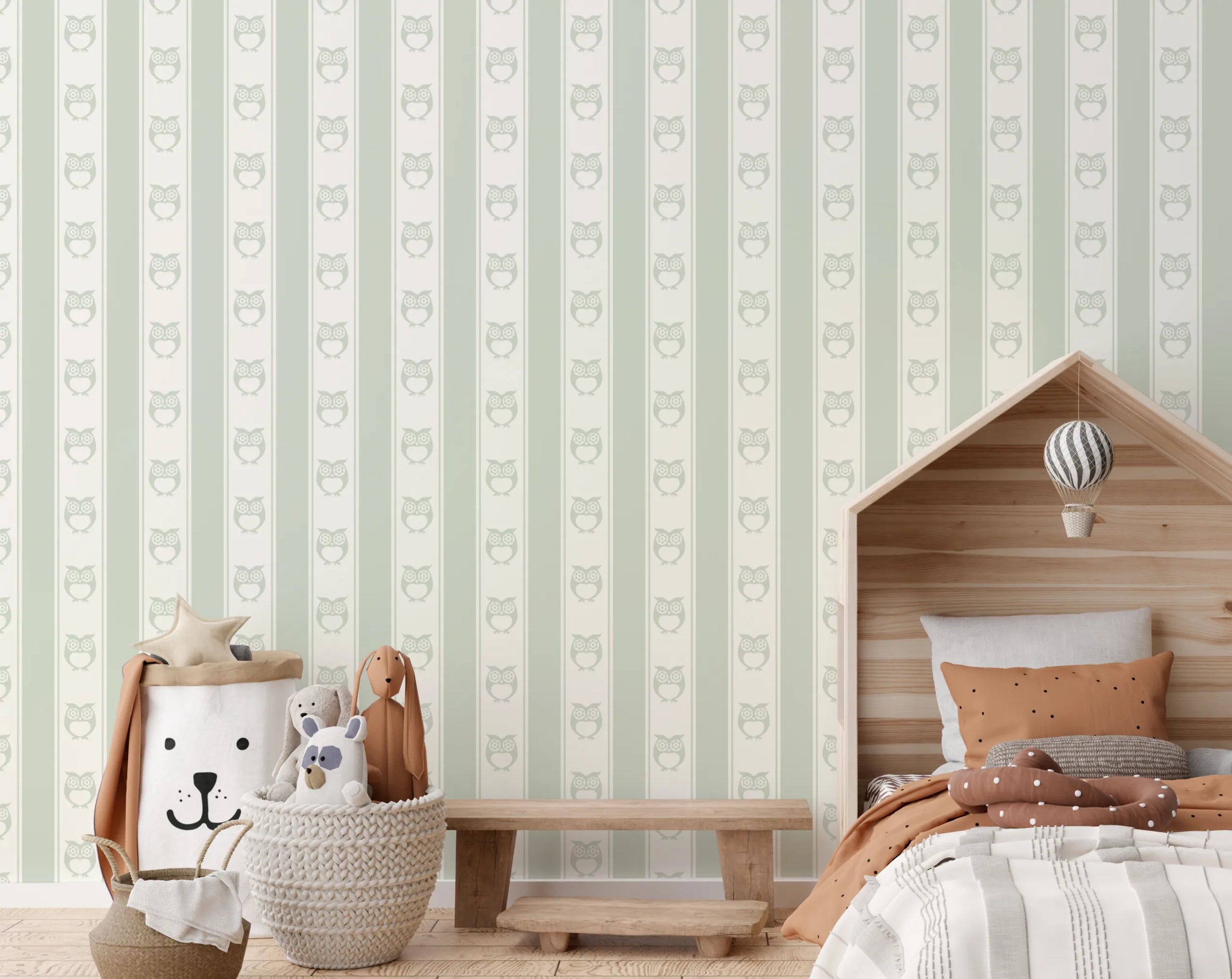 Owl Nursery Peel and Stick Wallpaper | Sage Green Forest Animals – Repeat Pattern image 0