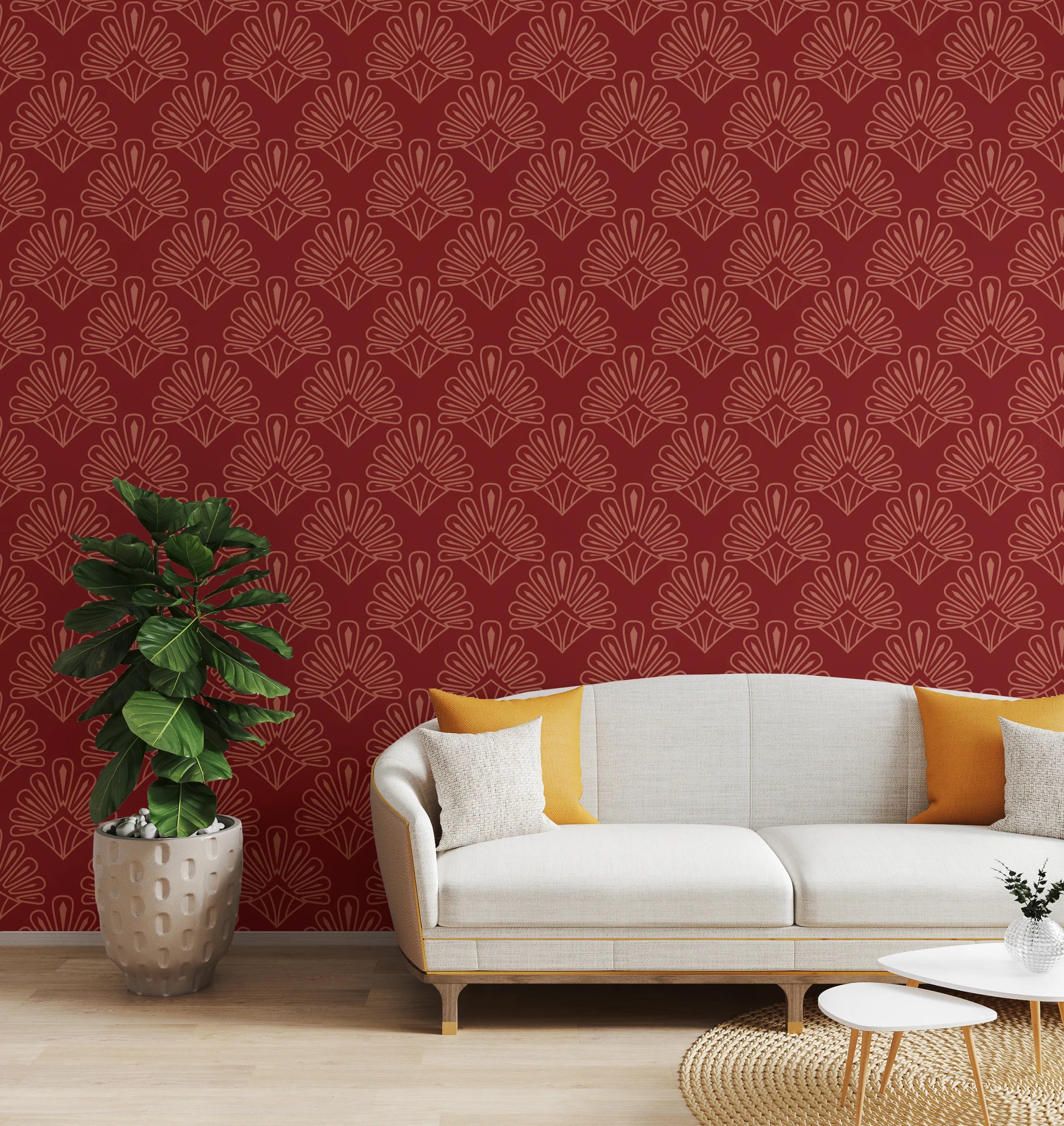 Art Deco Damask Design|Red Vintage Peel and Stick Wallpaper image 2