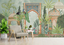 Peacock Palace Indian Wallpaper | Green Tropical Peel and Stick Living Room Decor image 6
