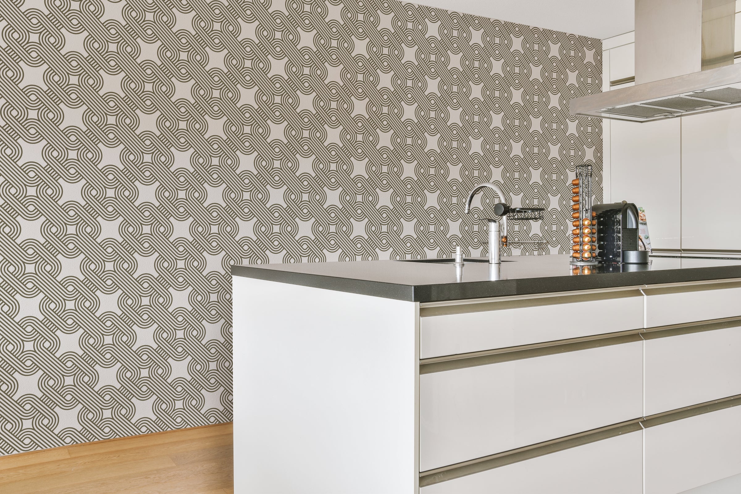 Geometric Pattern Wallpaper in olive green art deco line design for kitchen featuring retro abstract wall mural