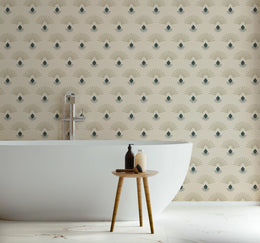 Mid Century Art Deco Wallpaper | Fan Pattern Beige Teal Peel and Stick Decor image 5