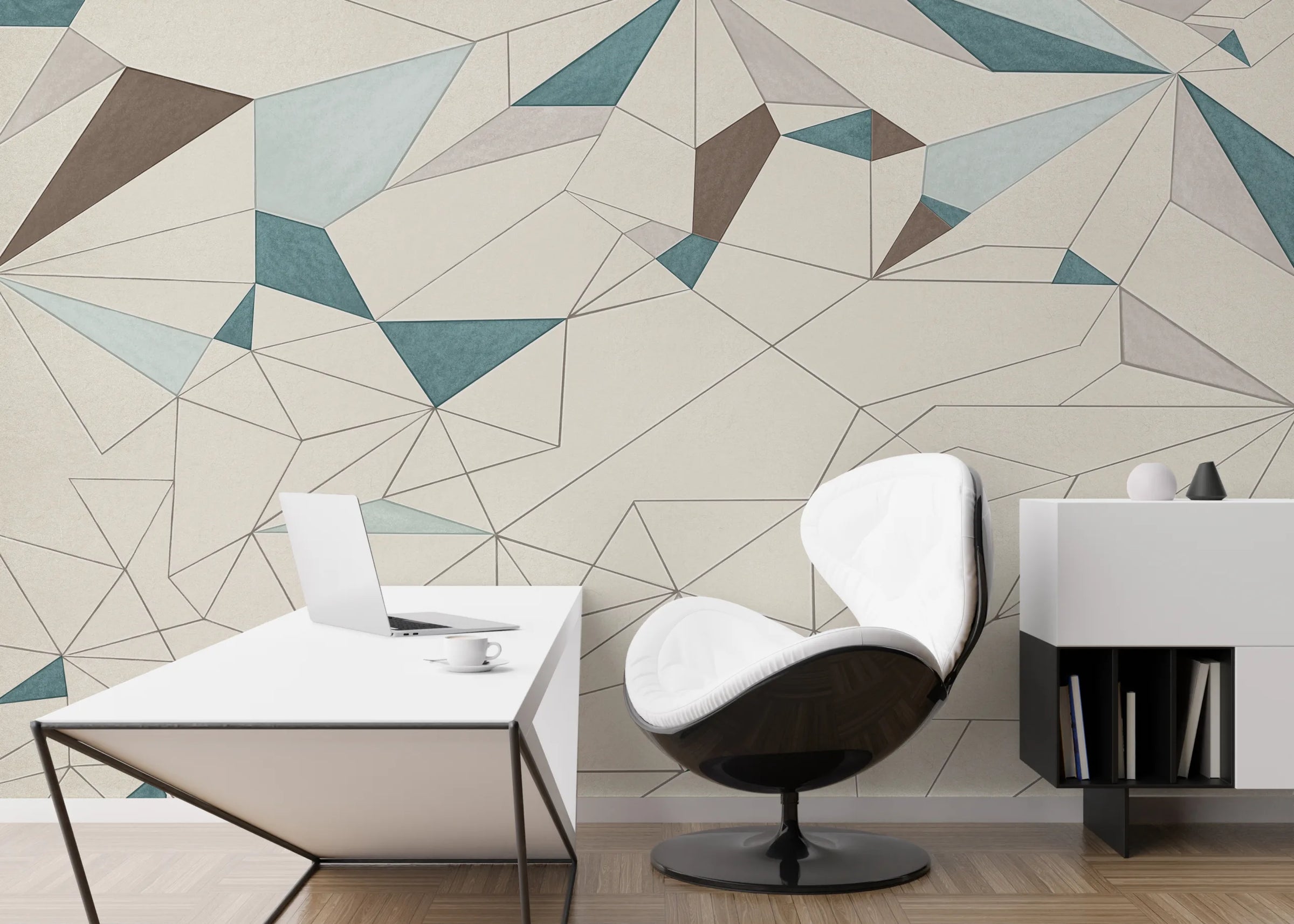 Abstract Geometric Wall Covering | Teal Beige Removable Modern Wallpaper image 3