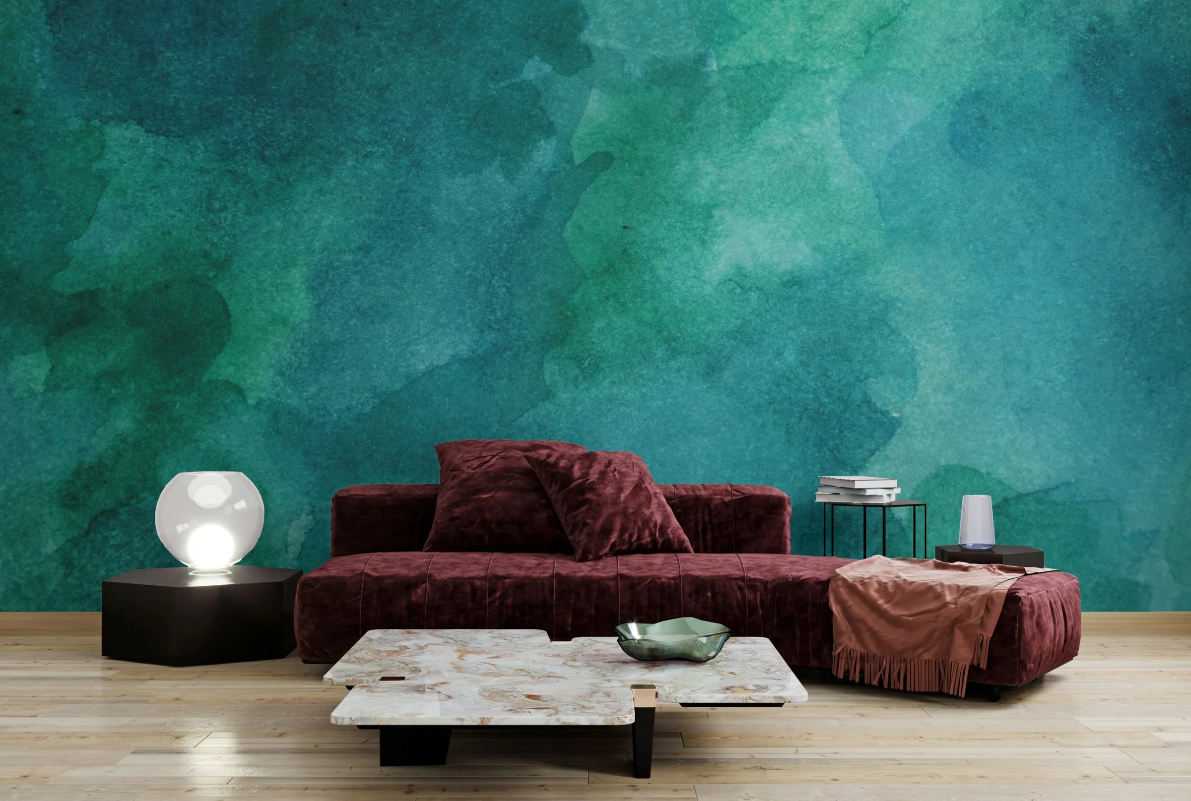 Ocean Teal Watercolor Wallpaper |Ombre Modern Removable Wall Mural image 3