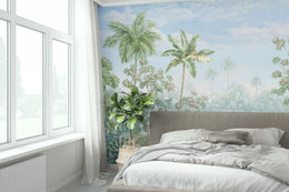 Botanical jungle wall mural featuring lush green foliage and exotic plants creating relaxing bedroom feature wall decor