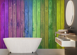 Colorful Wood Stripe Wall Mural | Rainbow Self Adhesive Wallpaper image 1