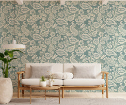 Vintage Teal Floral Living Room Peel and Stick Wallpaper image 3