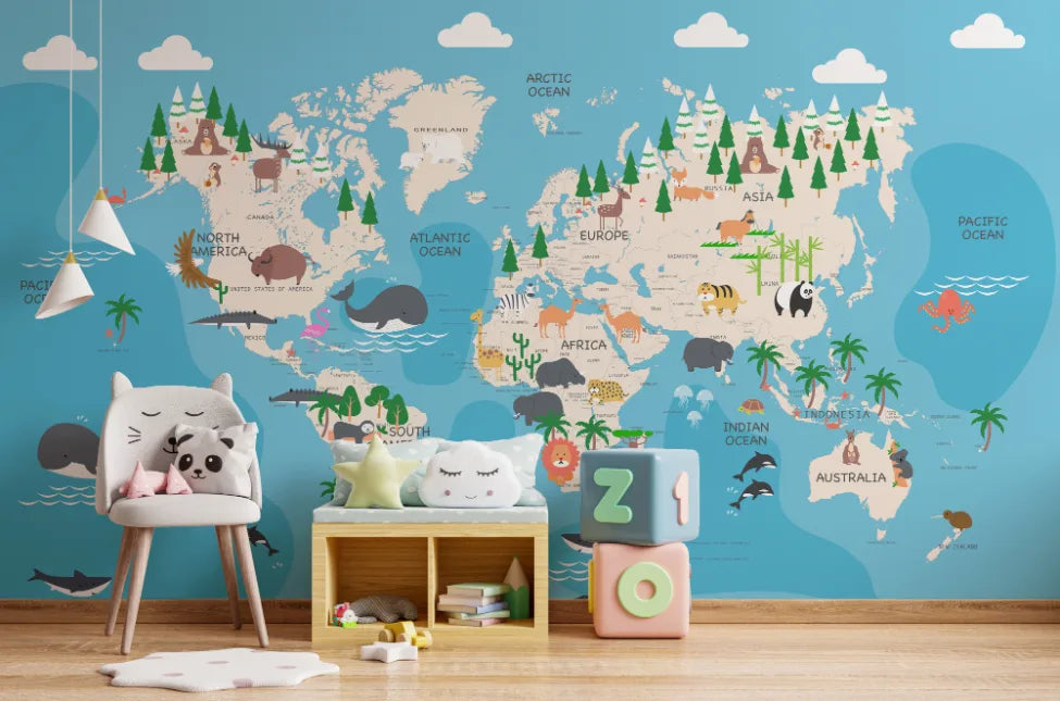 Toddler Animal World Map Peel and Stick Wallpaper image 1