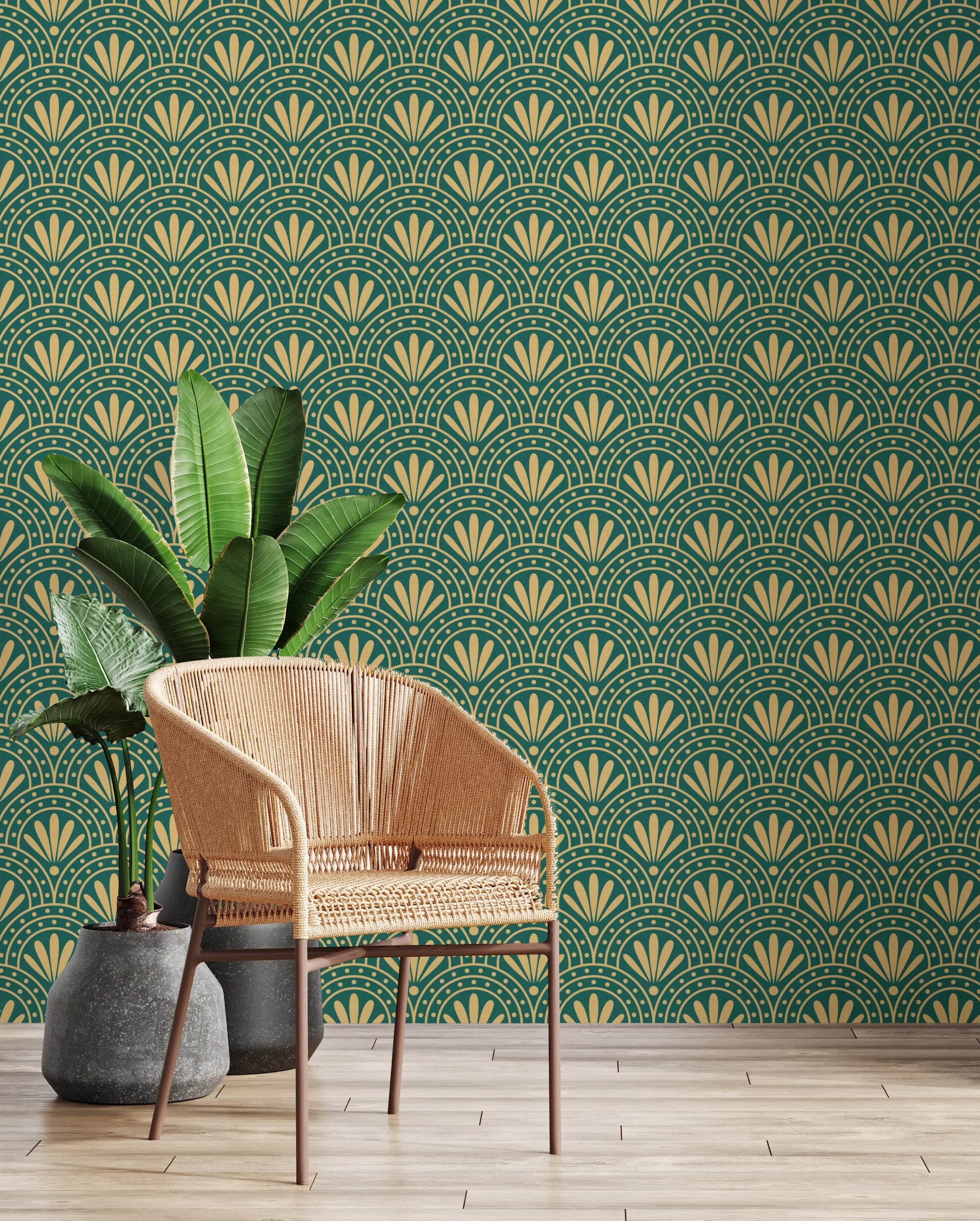 Art Deco Fan Wallpaper | Green Gold Peel And Stick Wall Decor image 4