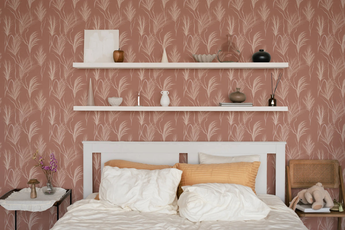 Boho Feather Grass Pink Peel and Stick Wallpaper