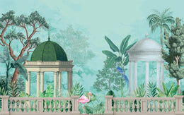 Tropical Oasis Pavilion Wallpaper | Indian Heritage Wall Art | Blue Green Peel and Stick image 5