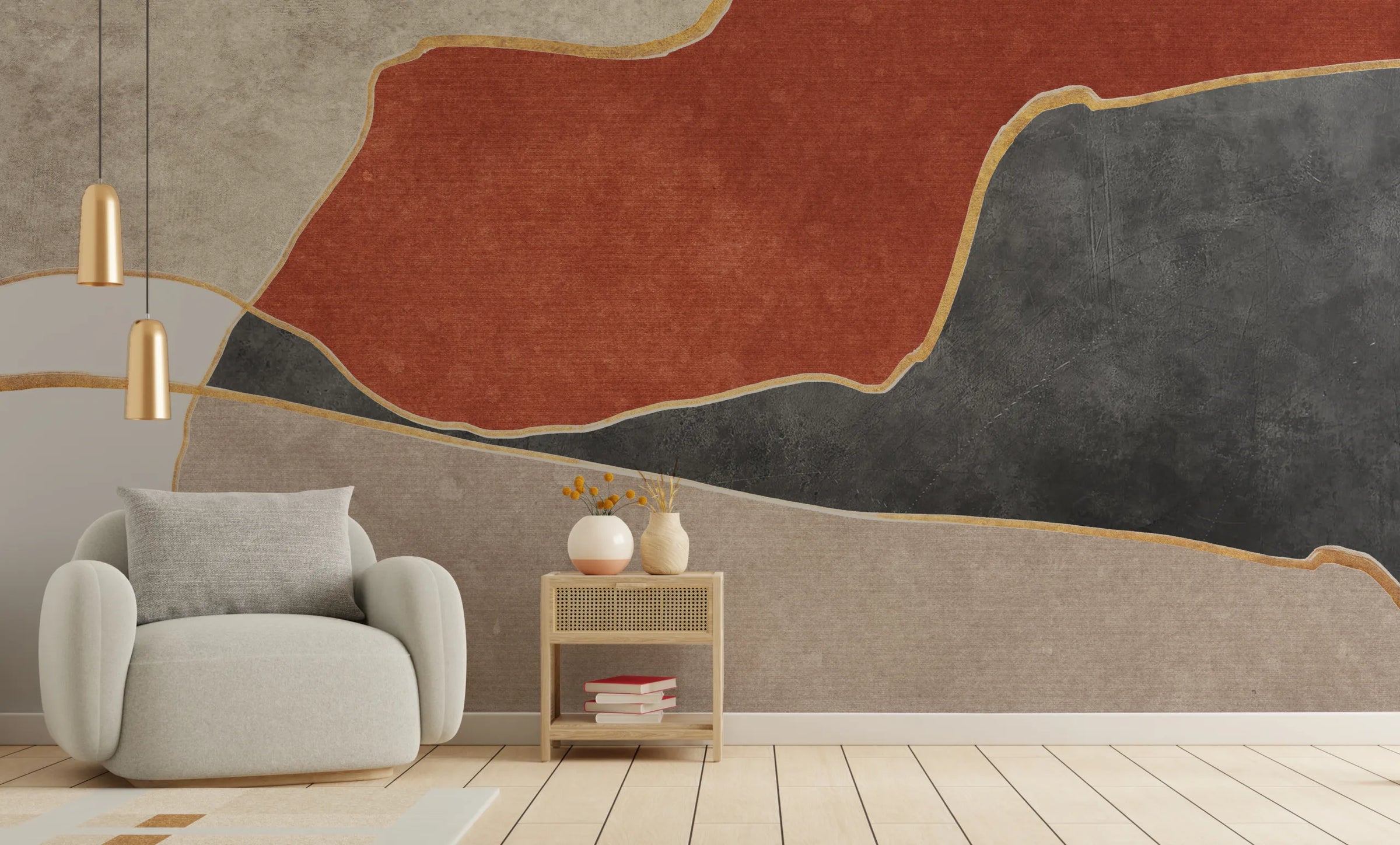 Contemporary Abstract Rust Black Mural | Geometric Peel and Stick Wallpaper image 0