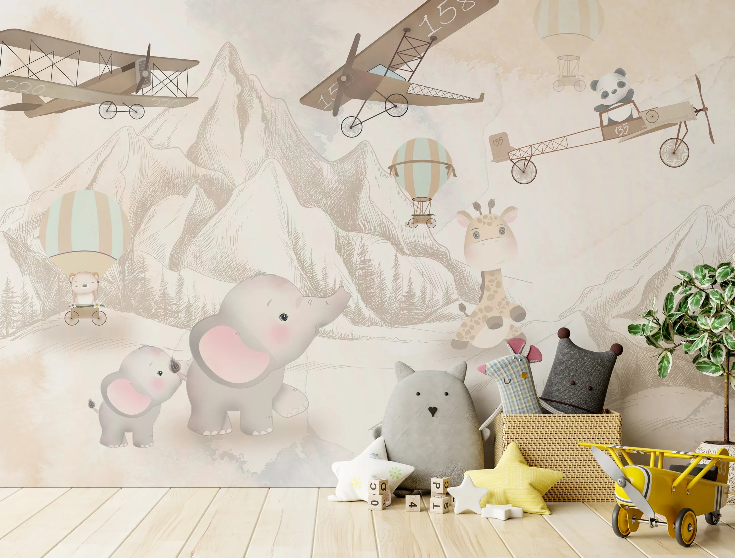 Neutral Safari Animal Nursery Wallpaper | Airplane and Balloon Peel and Stick Vinyl image 4