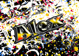 Graffiti inspired mural with high contrast tones and bright splashes upgrading gaming room walls