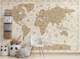 World Map Wall Decor | Beige Educational Kids Room Peel And Stick Wallpaper image 3