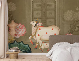 Sacred Pichwai Kamdhenu Wallpaper | Indian Cultural Removable Wall Mural image 1