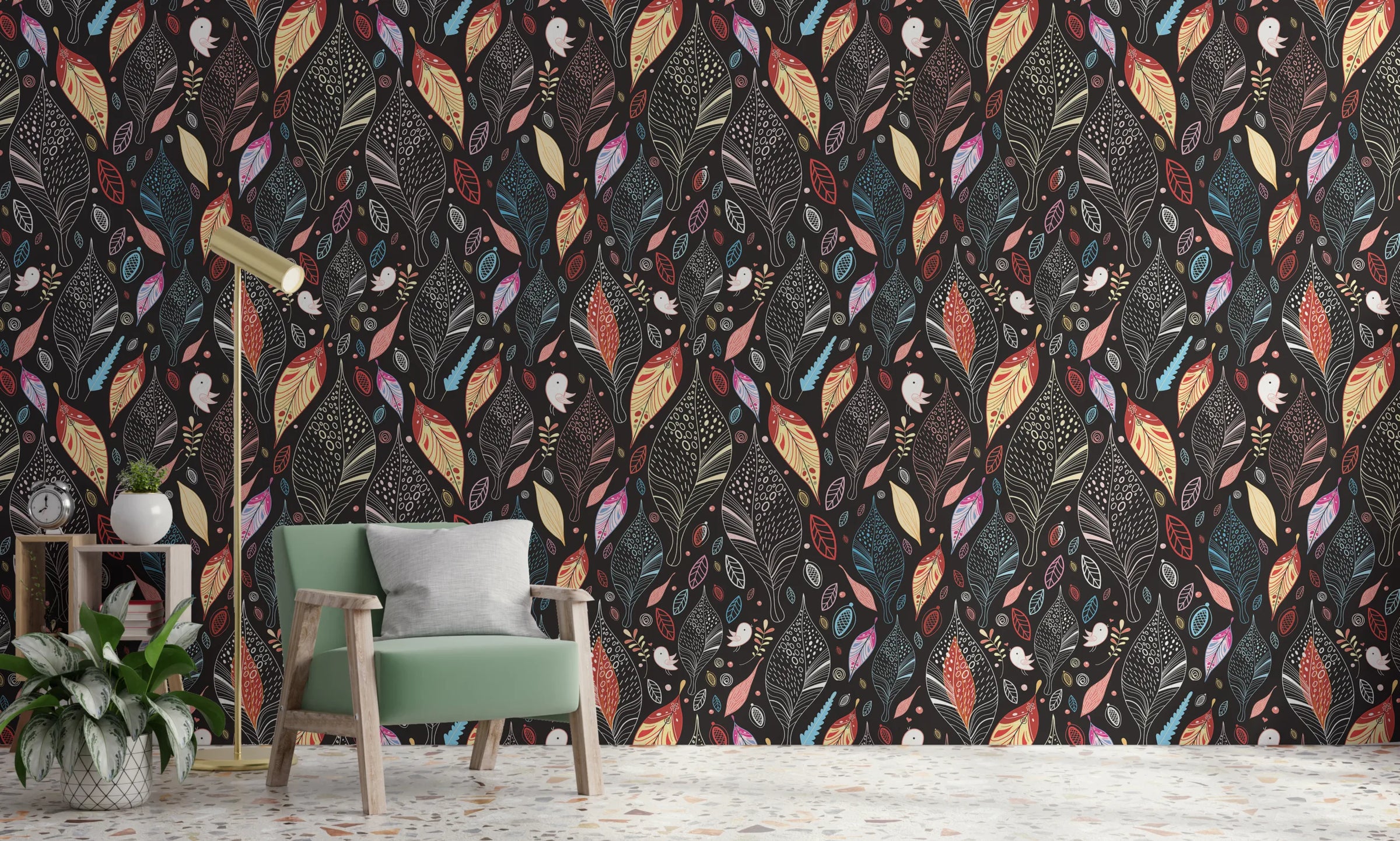 Colorful Leaf Pattern | Modern Botanical Peel and Stick Wallpaper image 0