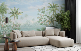 Tropical palm tree landscape wallpaper mural with pastel sky and serene lake view enhancing modern living room interior design