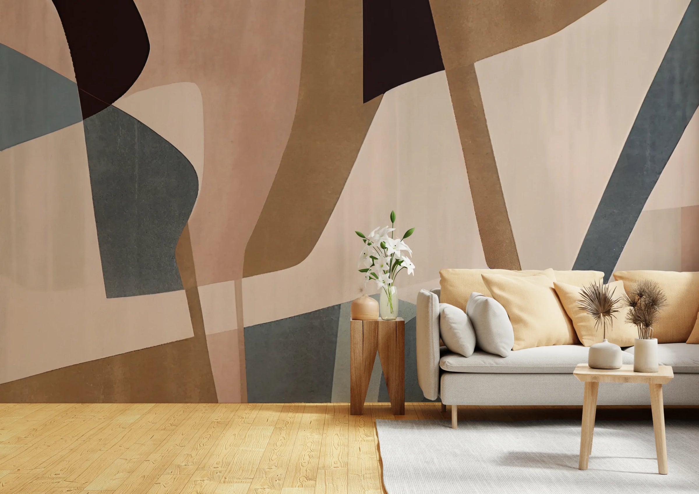 Contemporary Abstract Wall Mural | Peel and Stick Beige Blue Wallpaper image 3
