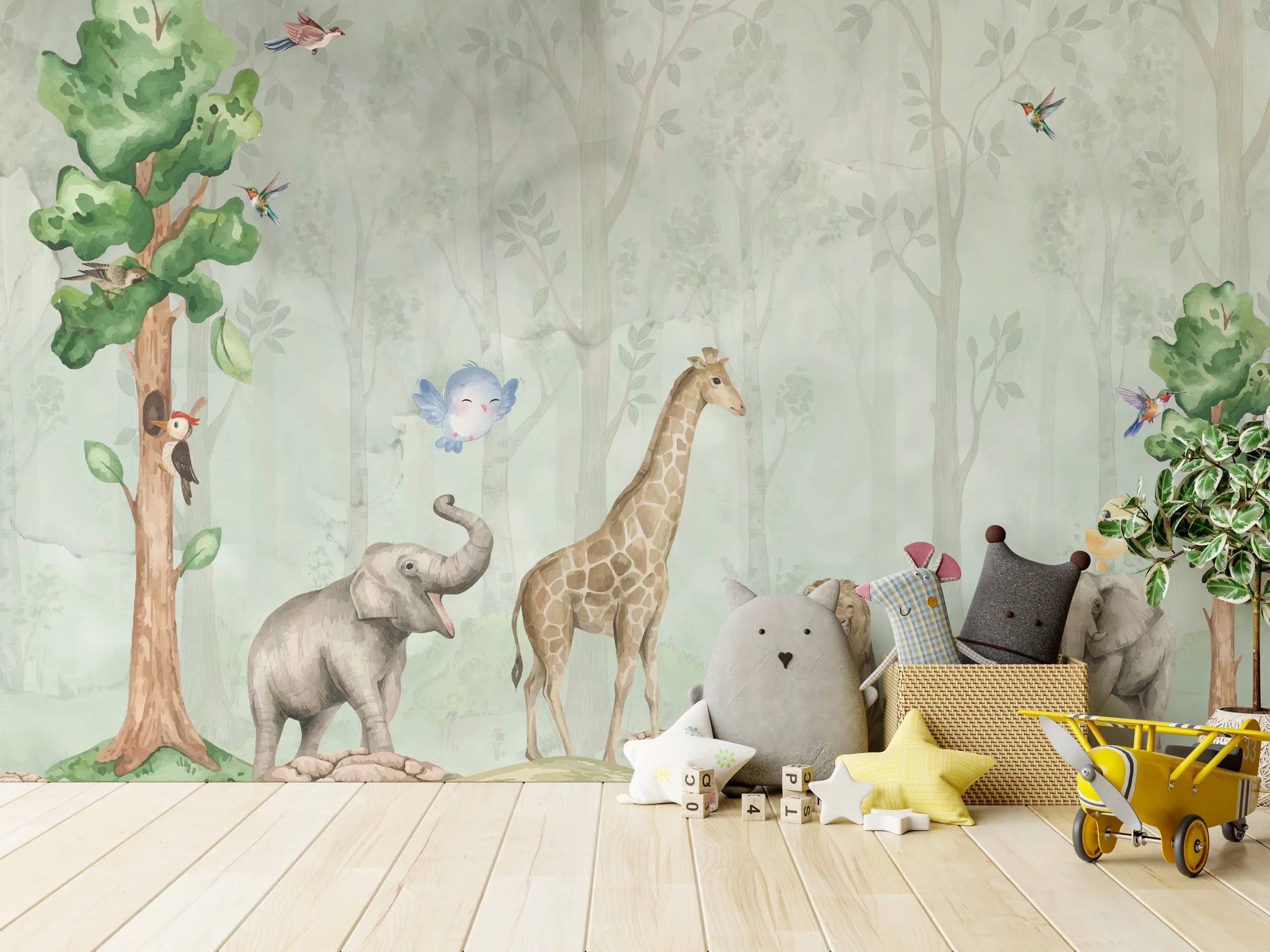 Watercolor Safari Animal Wall Mural | Green Jungle Peel and Stick Wallpaper image 1