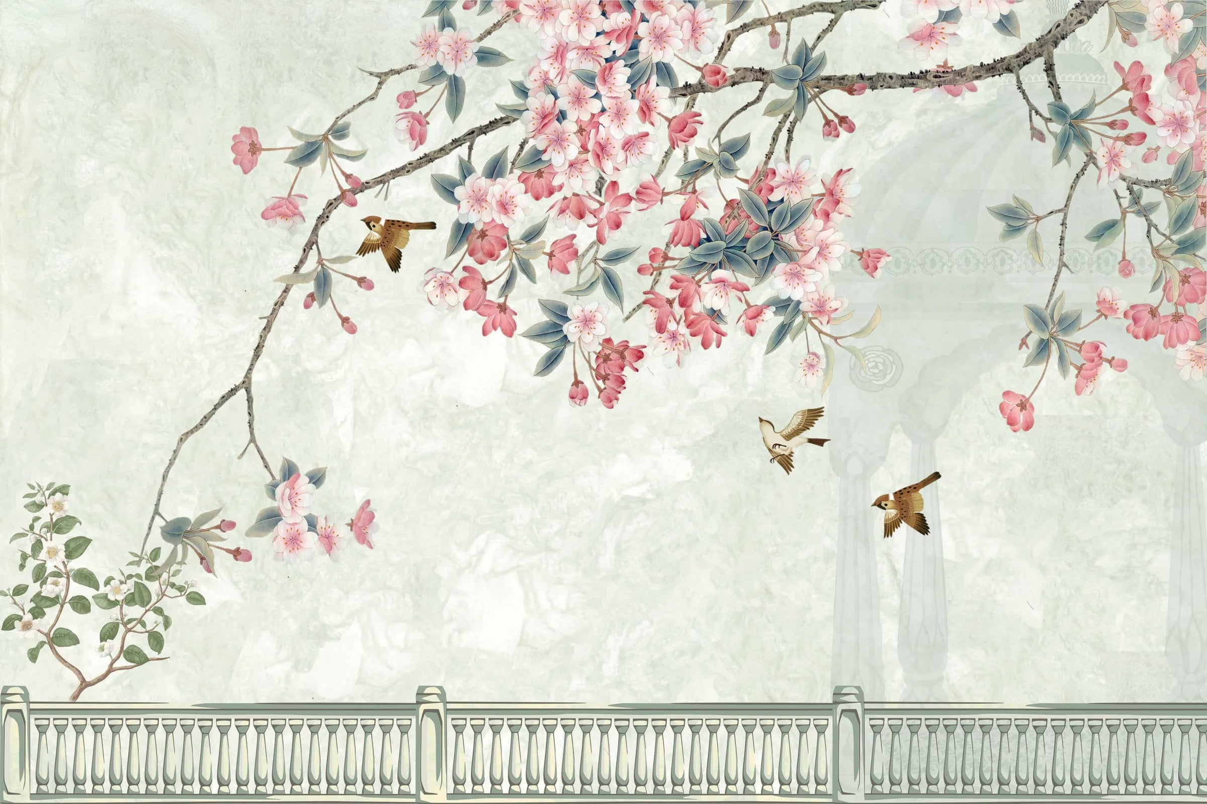 Chinoiserie Bird and Flower | Pink Cherry Blossom Peel and Stick Wallpaper image 6